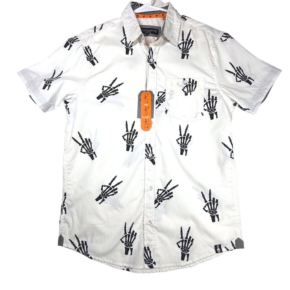 Free Planet Men's L White Skeleton Hand Halloween  Button Up Shirt NWT Cotton